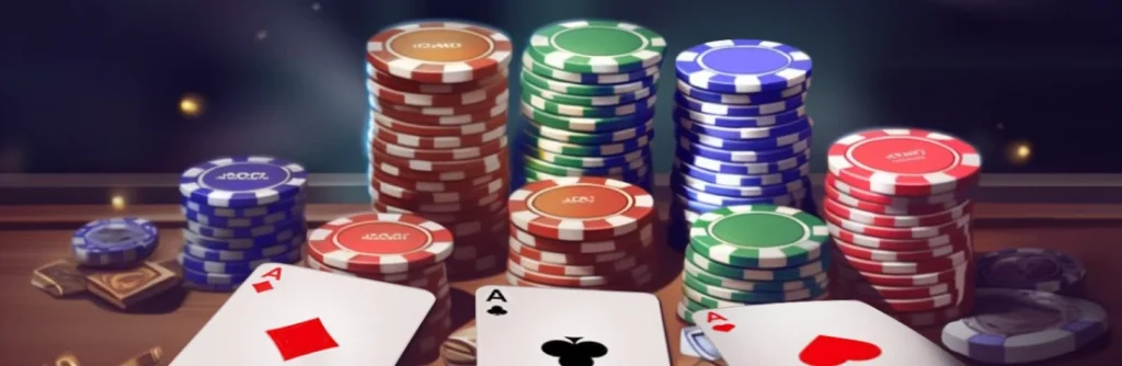 Casino table with cards, chips, and dice in play.