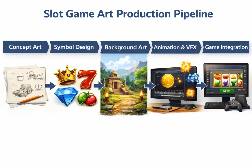 Slot game art production pipeline stages in iGaming