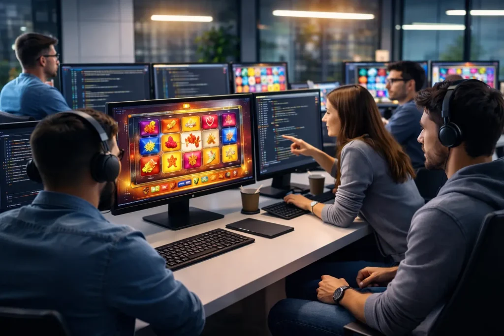 casino game development team working on slot game