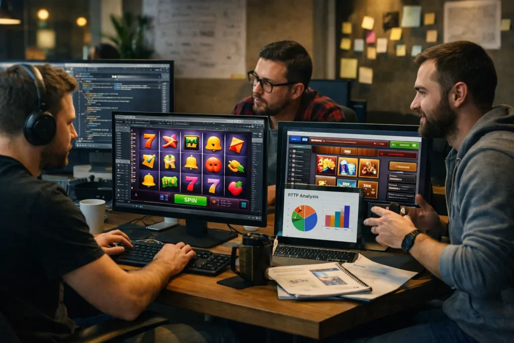 Casino game development team creating slot game interface
