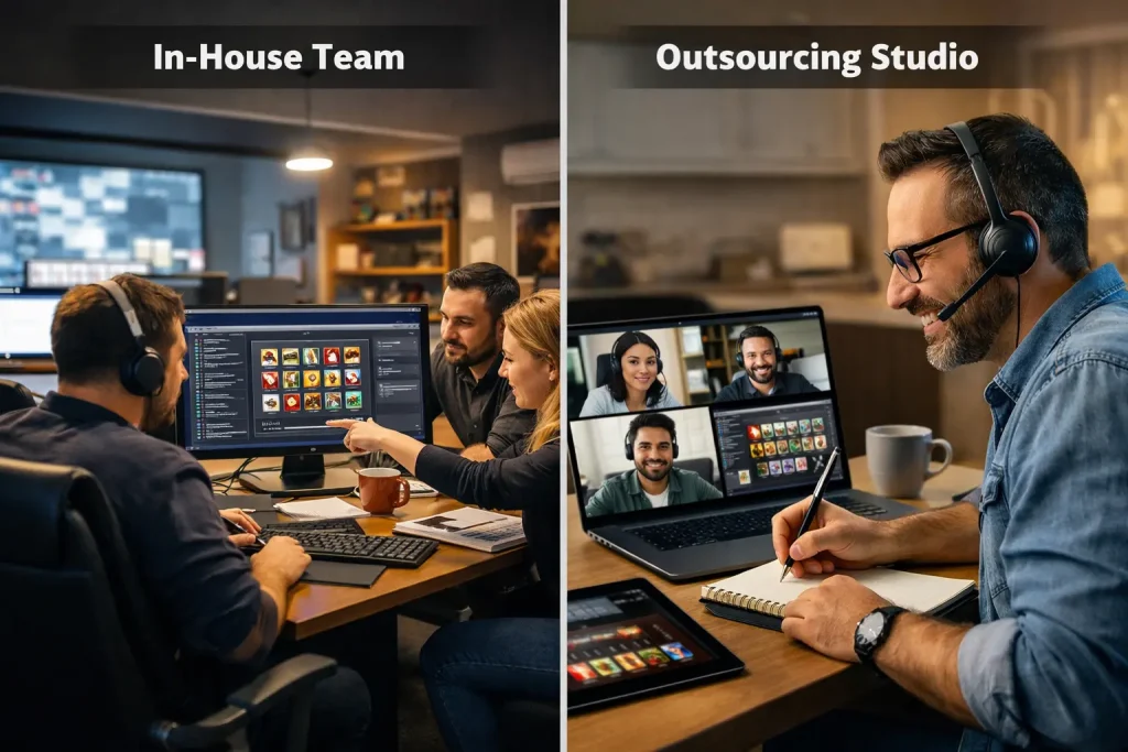 Casino game development outsourcing vs in-house team comparison