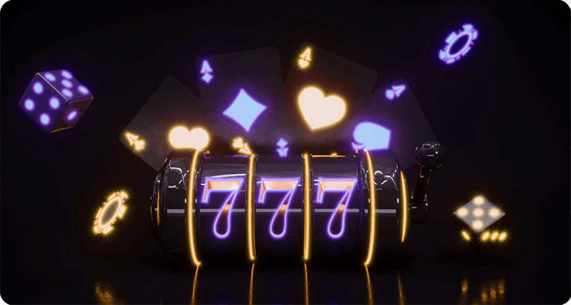 Casino symbols including lucky sevens, dice, and playing cards.
