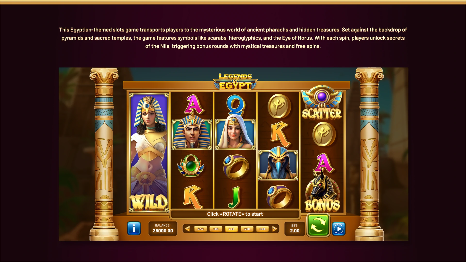 Gameplay screen from Legends of Egypt showing slot reels, spin button, and UI elements with rich Egyptian styling.