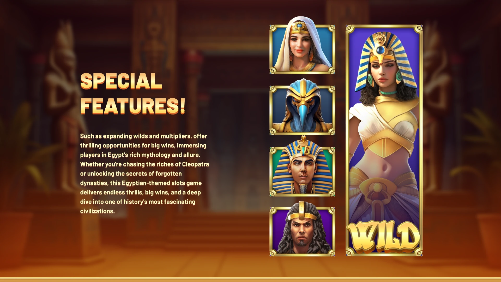 Feature highlights screen from Legends of Egypt detailing character bonuses, win multipliers, and slot features.