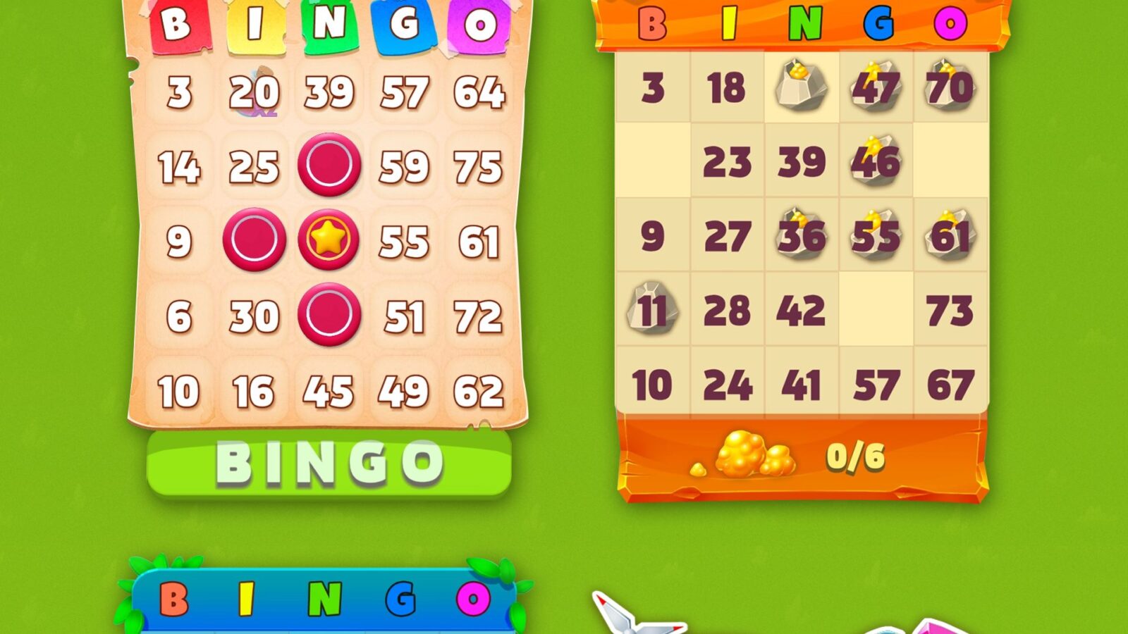 Bingo card UI with numbers and boosters