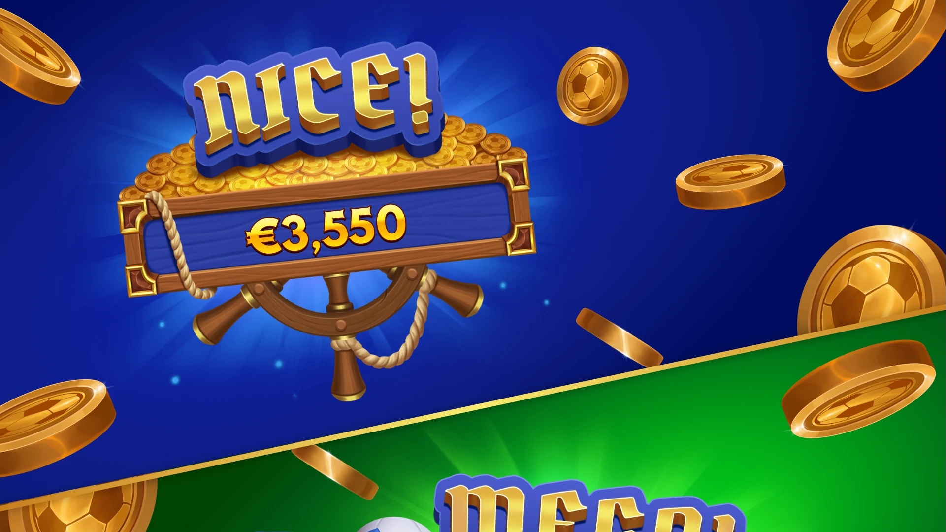 Win banner with coins and reel frame