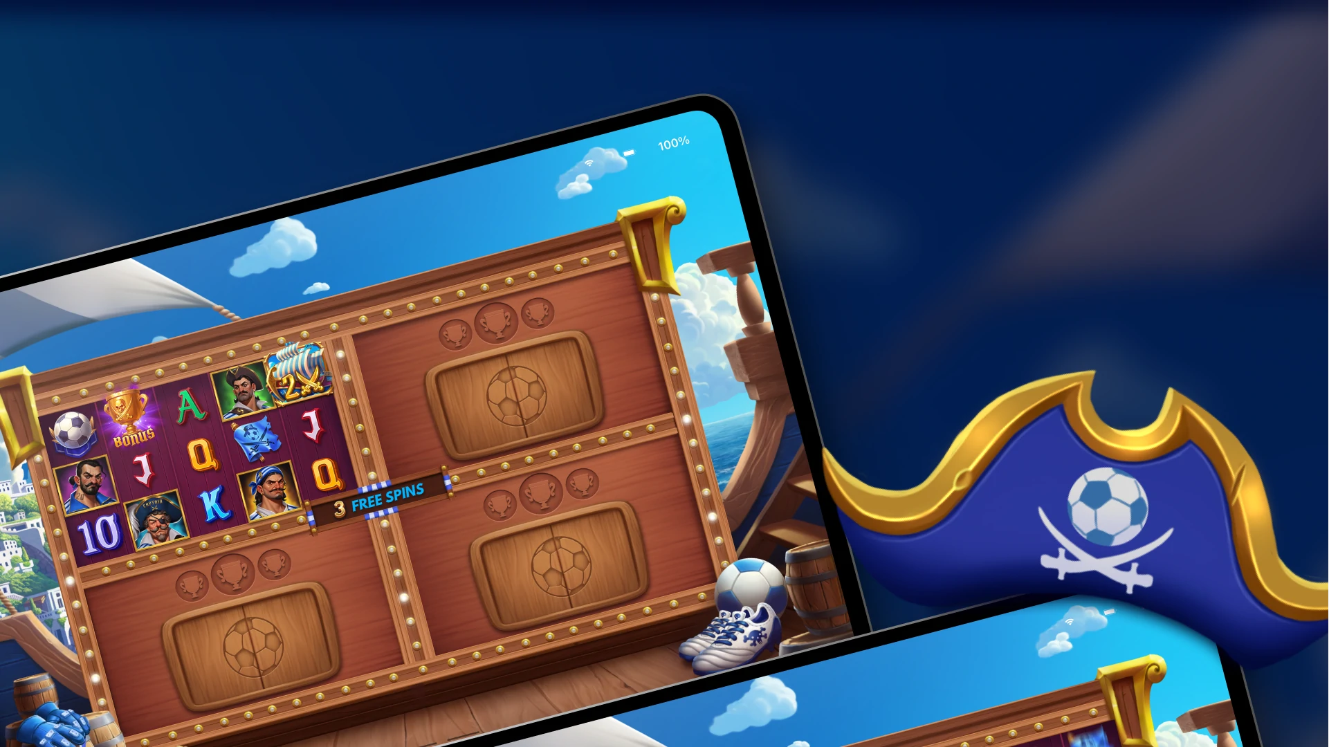 Tablet screen showing pirate slot bonus screen