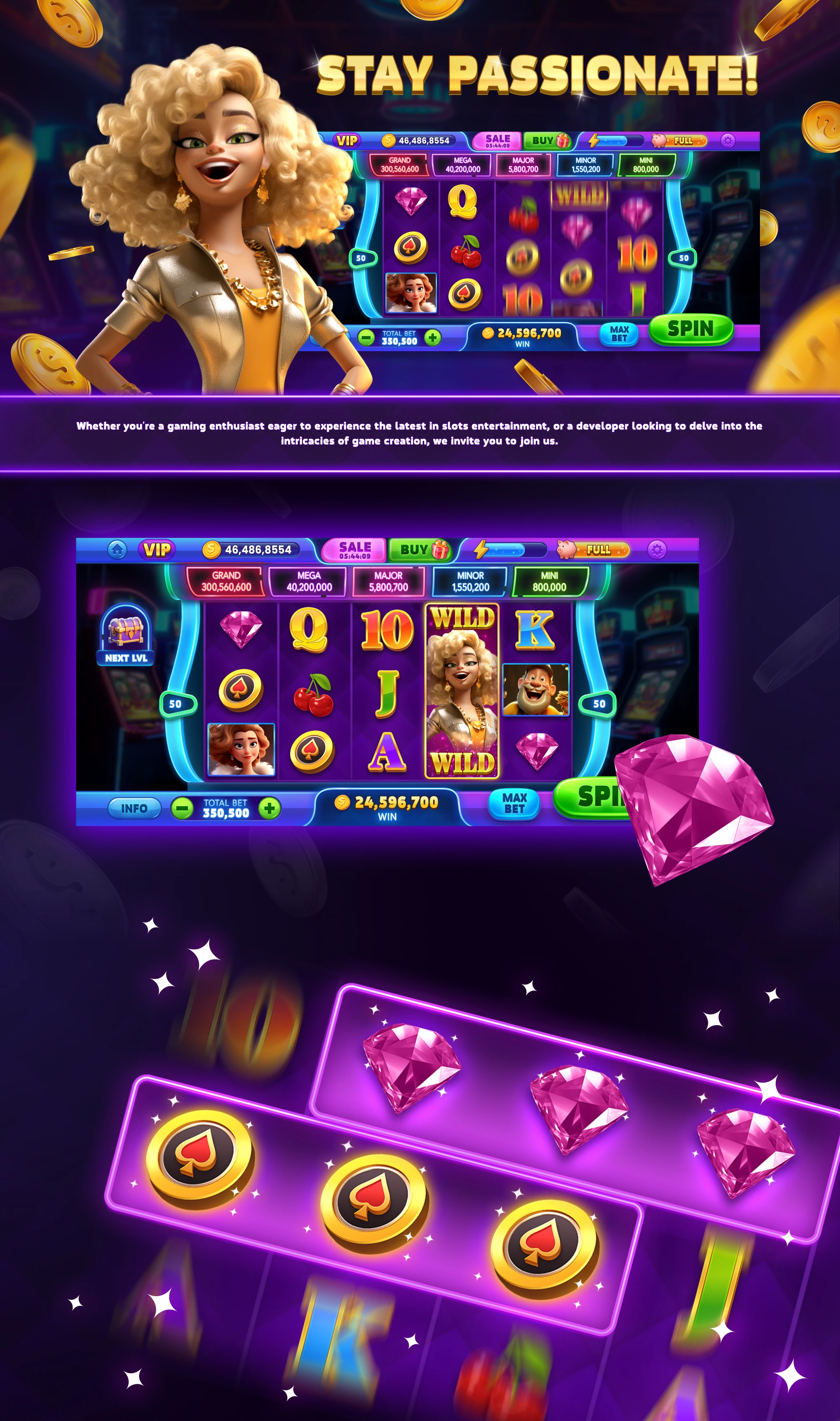 Close-up of Royal Slots interface with pink gem and colorful reels.