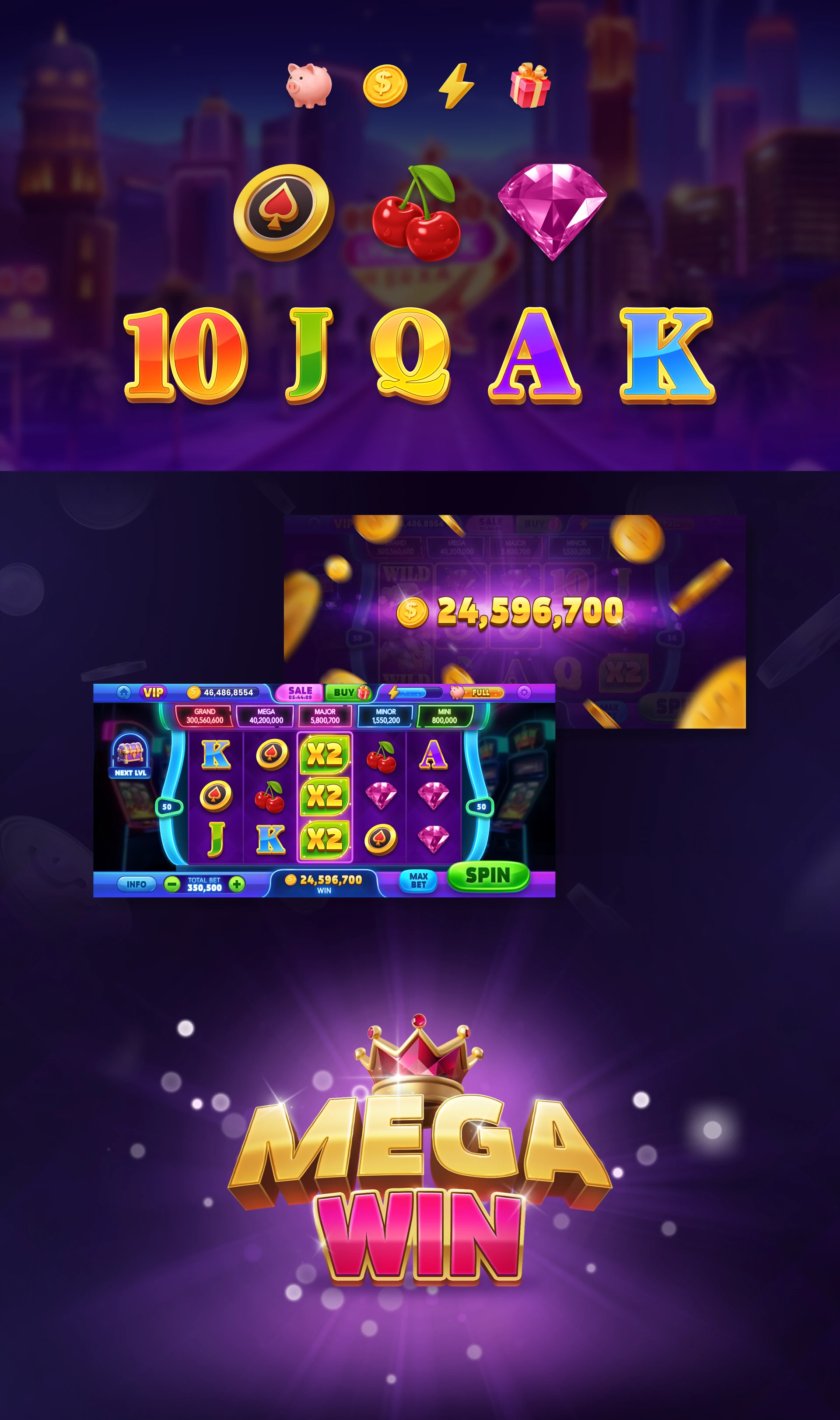 Slot machine screen showing bonus round with royal symbols and animations.
