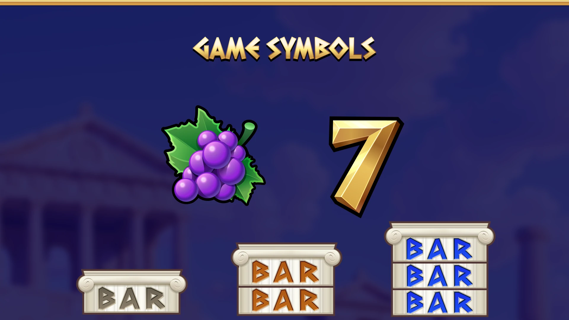 Display of slot game symbols including BARs, sevens, and grapes.