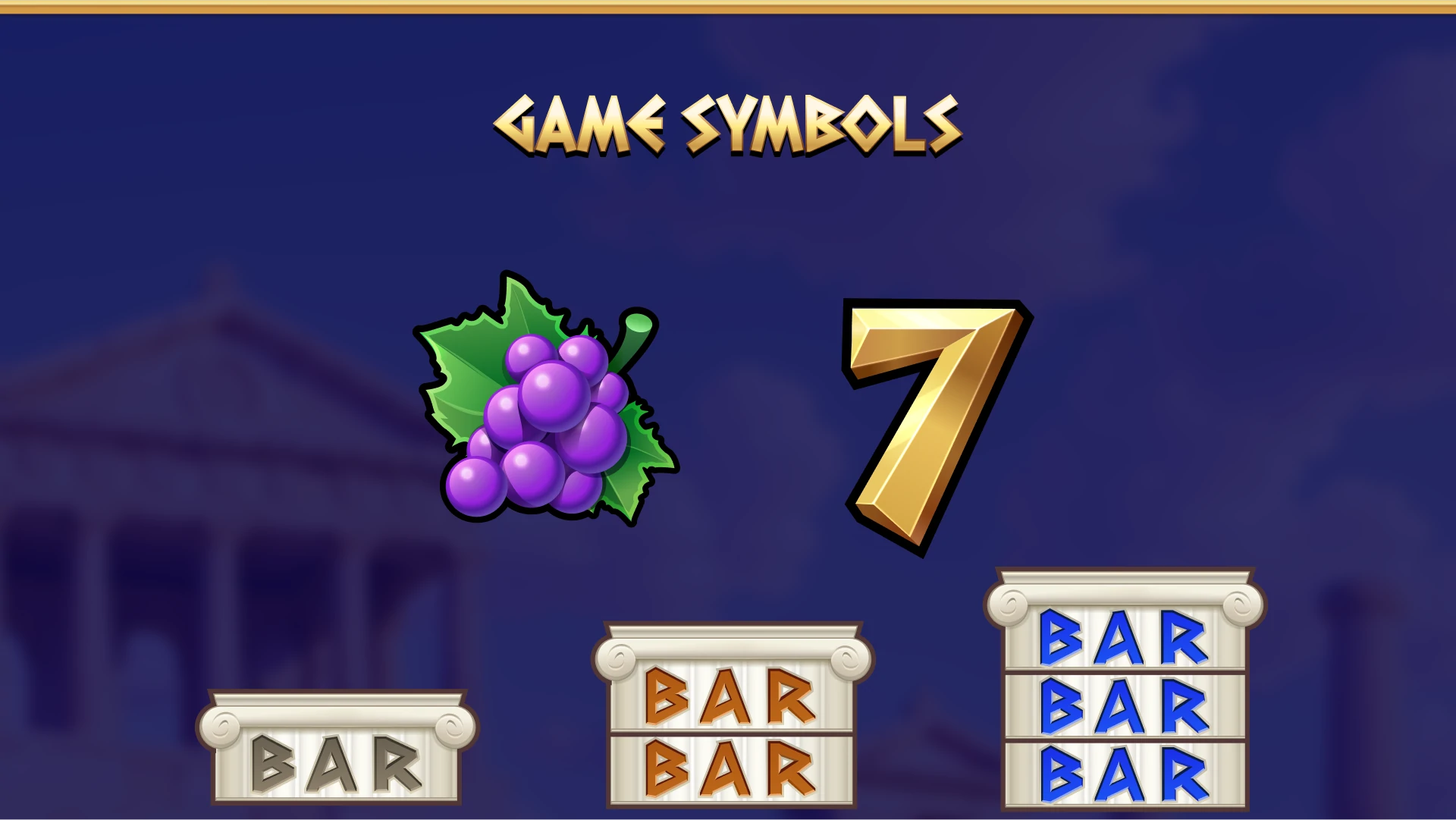 Display of slot game symbols including BARs, sevens, and grapes.