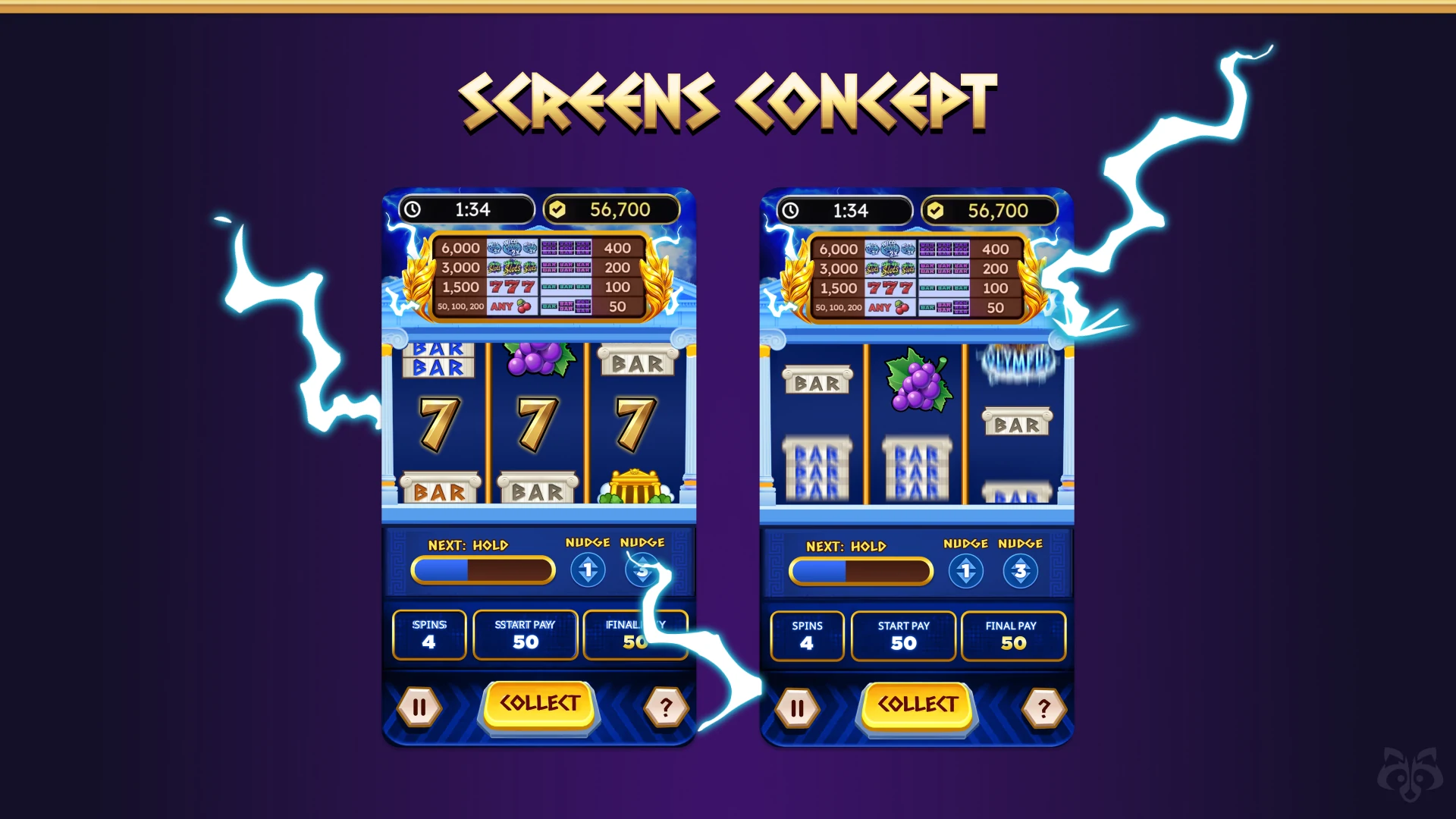 Concept art of game screens and UI layout prototypes.