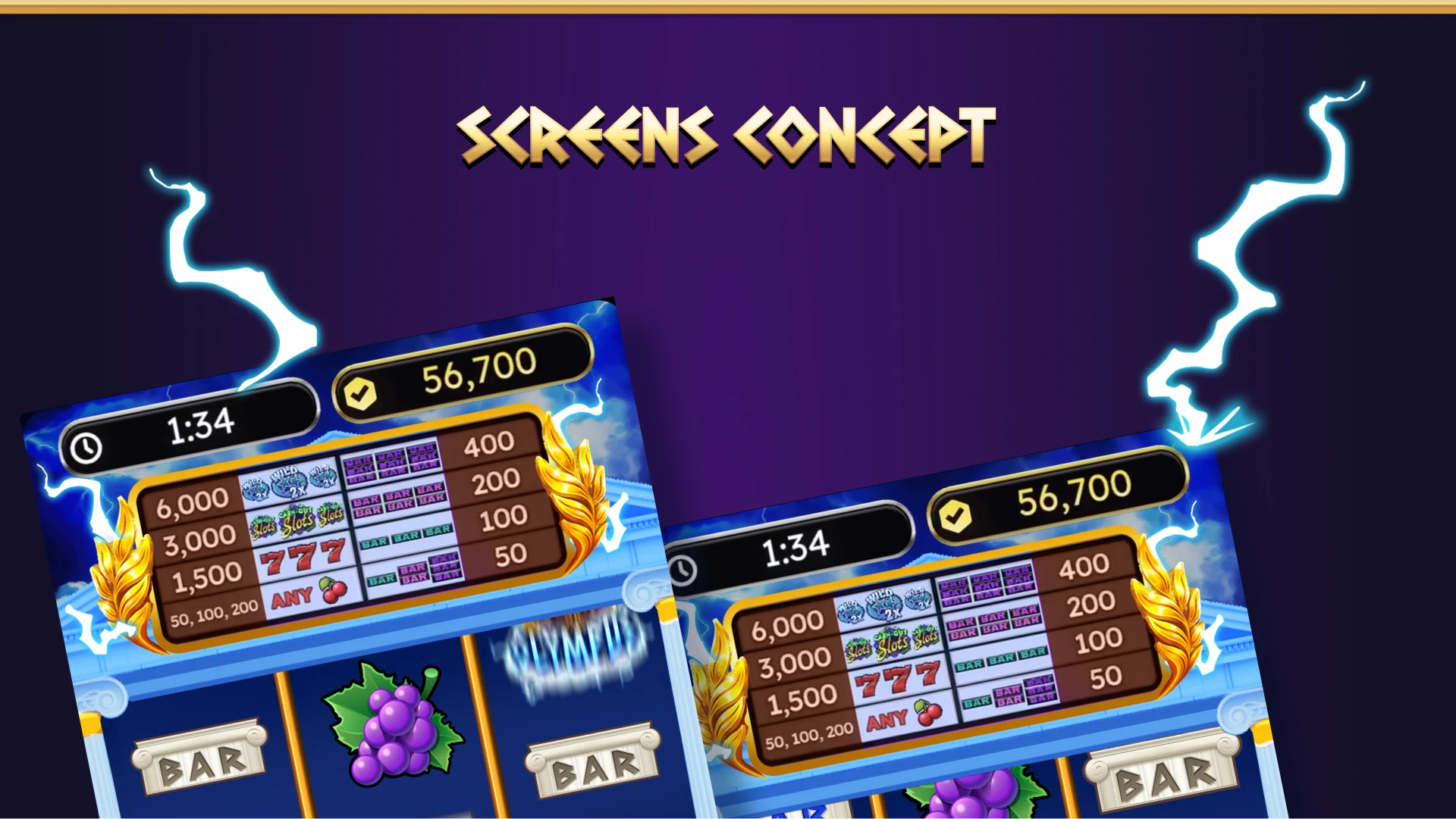 Concept art of game screens and UI layout prototypes.