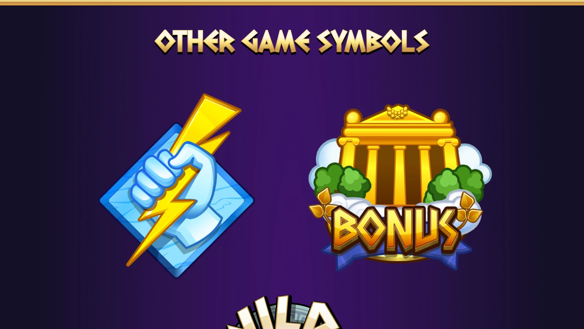 Additional game symbols like lightning bolts and temple icons.