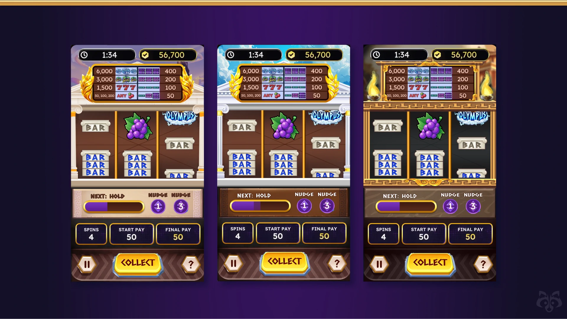 Full slot layout with player balance, bet amount, and spin button.