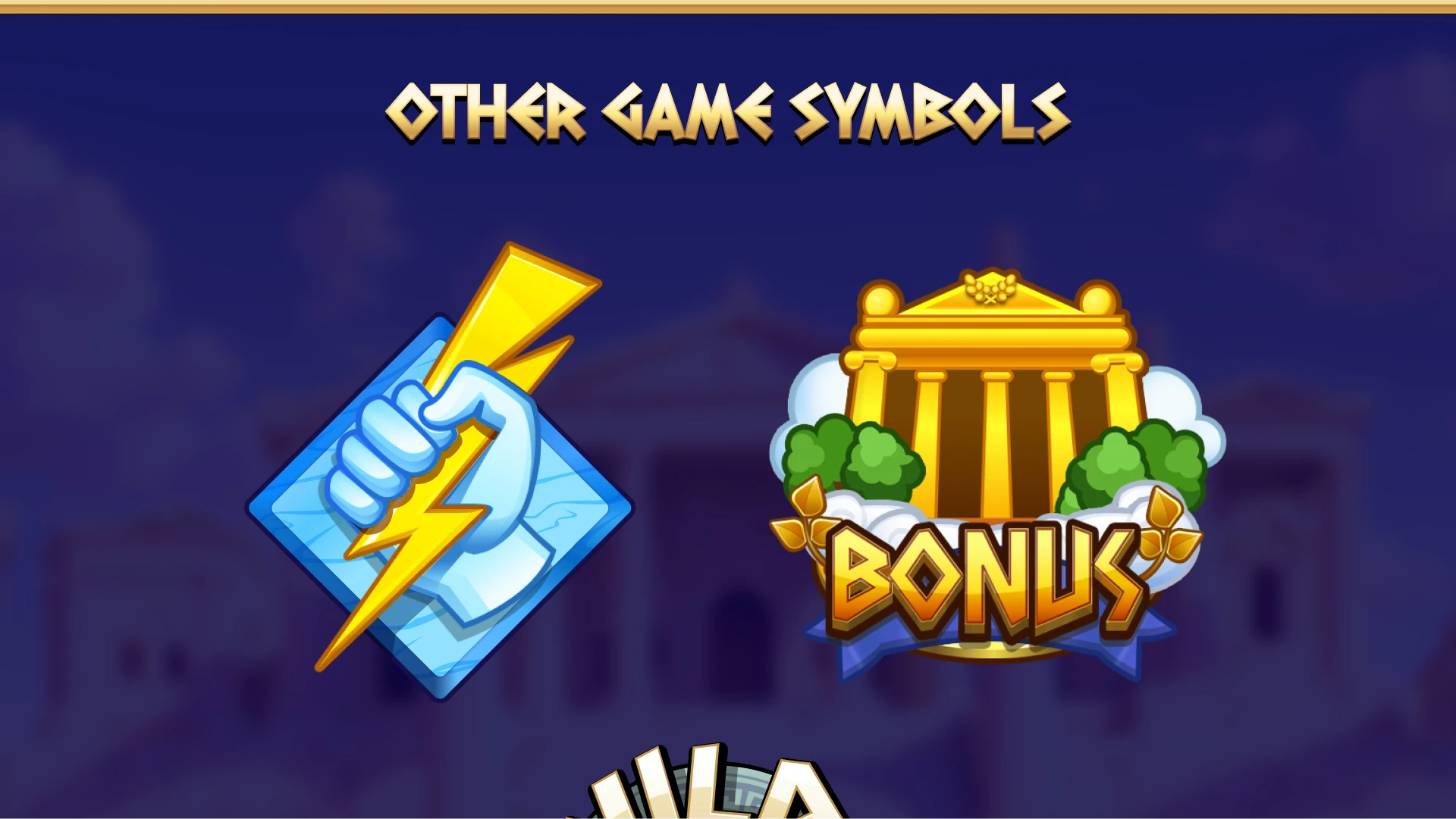 Additional game symbols like lightning bolts and temple icons.