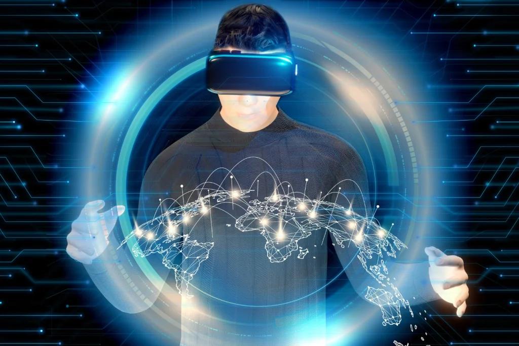 Person wearing virtual reality glasses visualizing global digital connections through network lines.