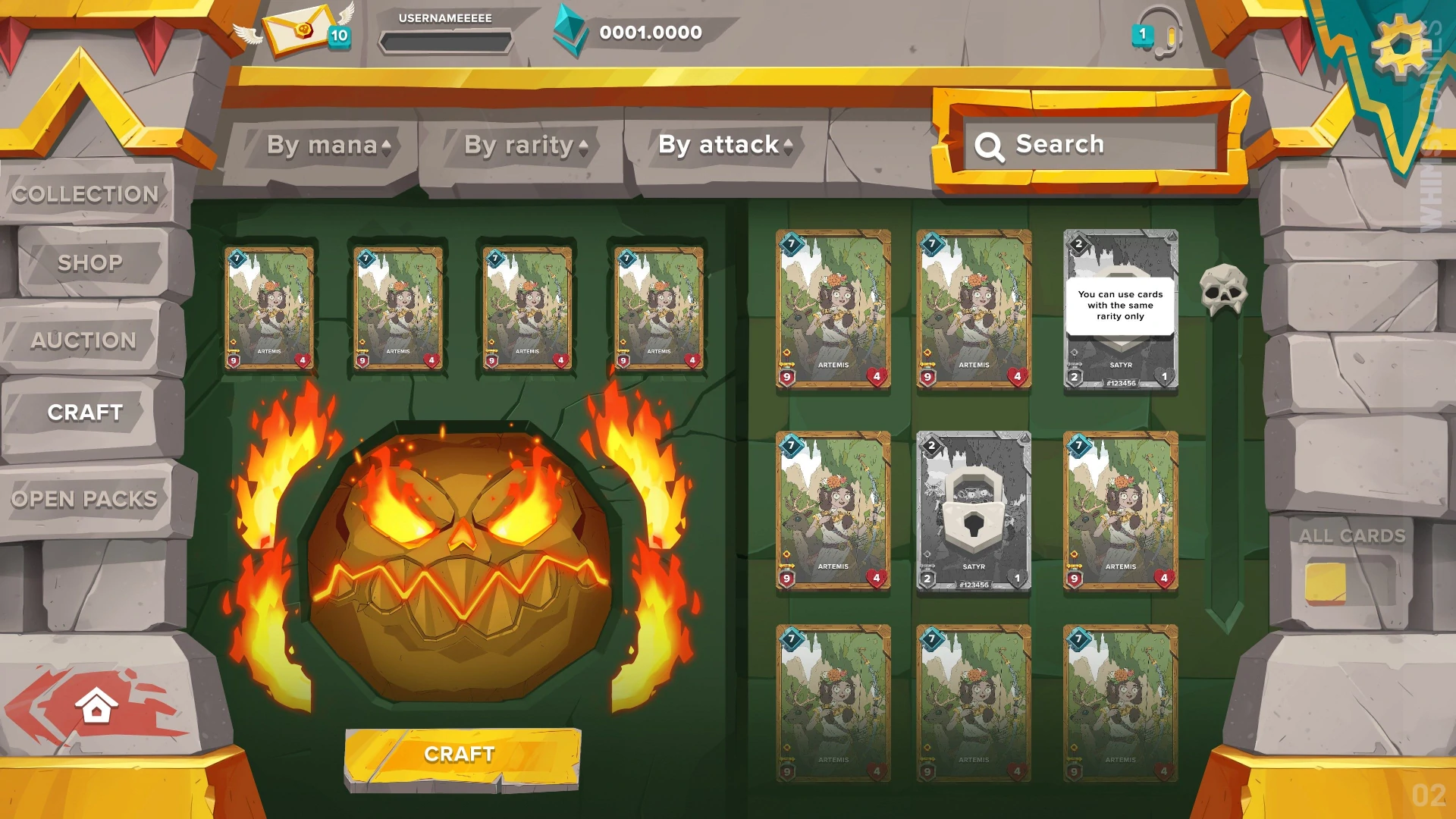 In-game lobby displaying card inventory and pack opening section.