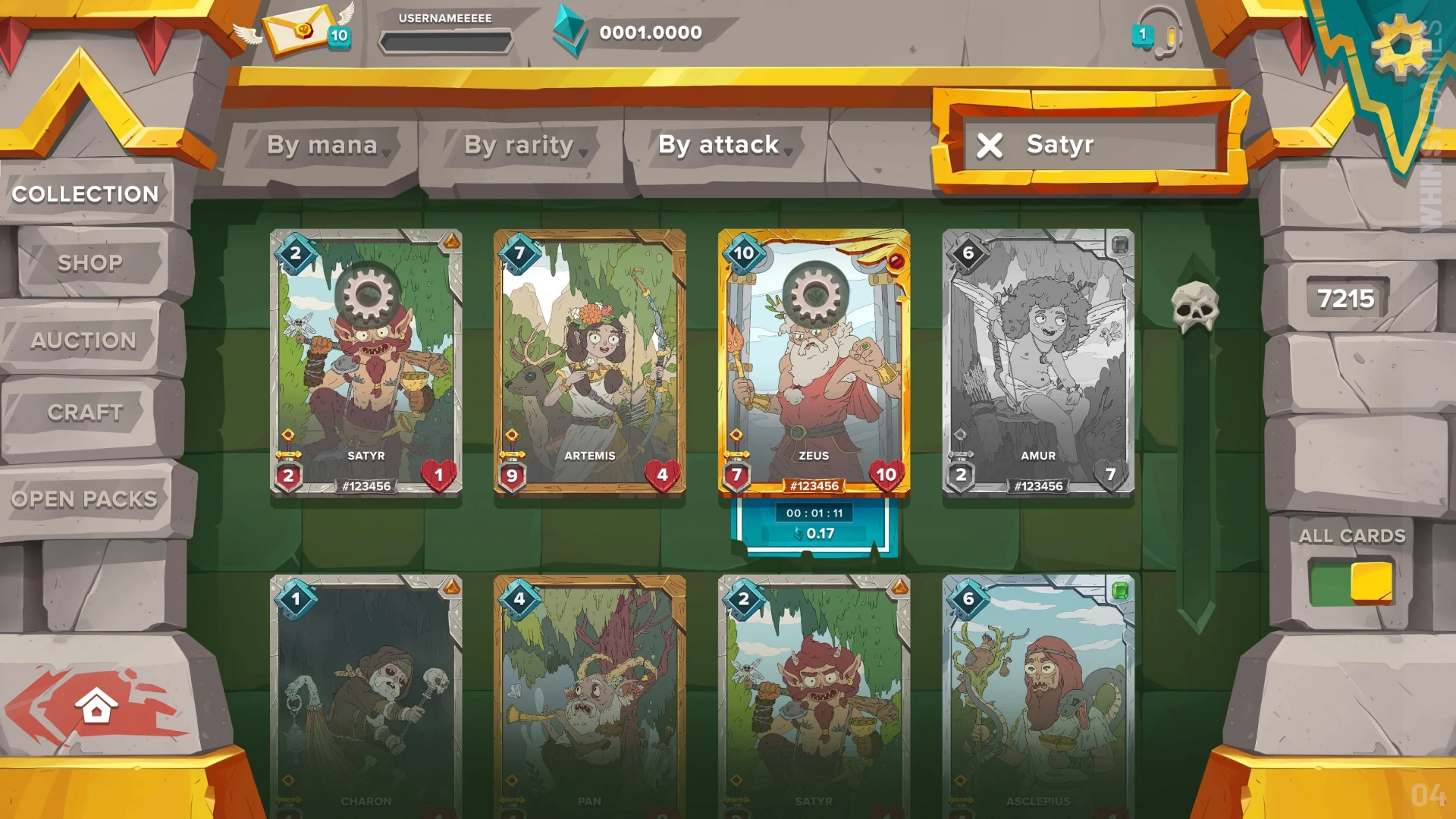 Card collection screen displaying player-owned characters and stats.