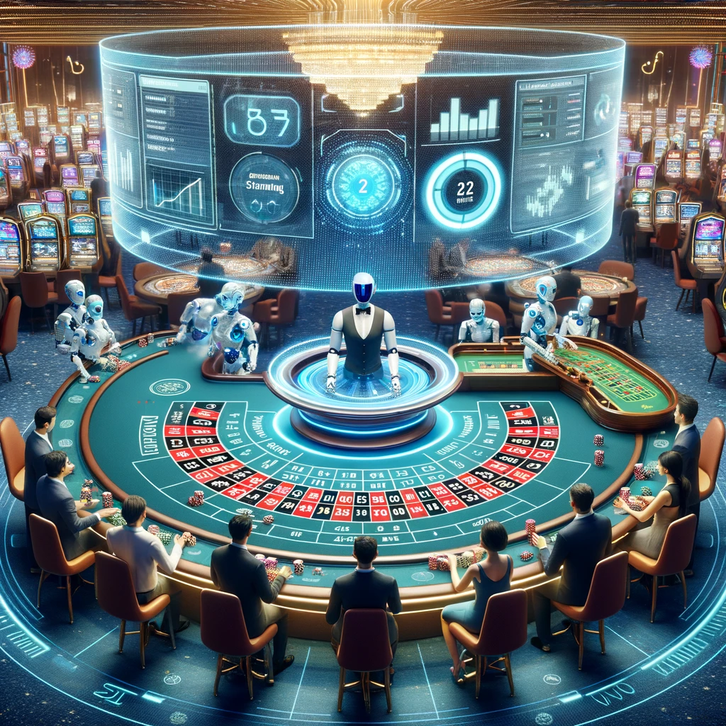 Casino scene with multiple tables, people playing, and an AI robot dealing cards.