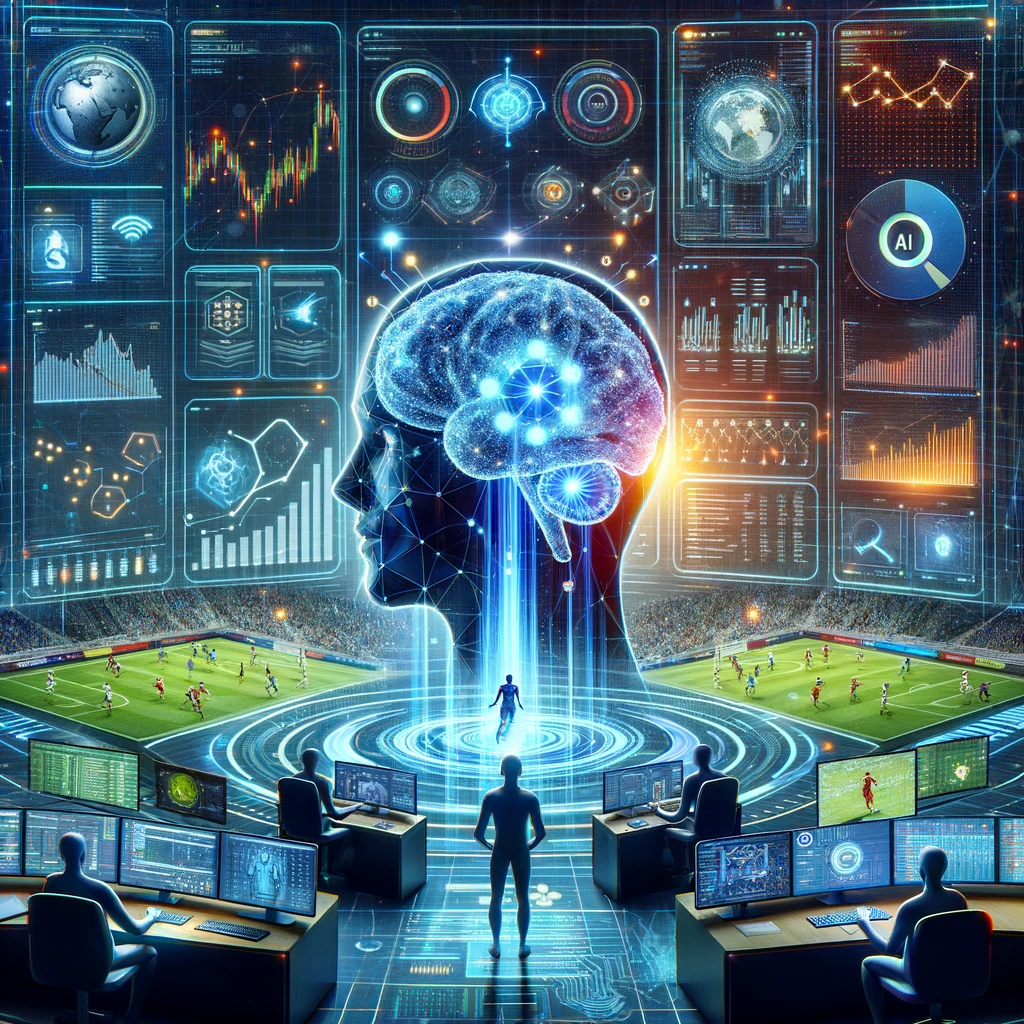 Developers working at computers surrounded by large screens showing code and football field projections, with a central digital head and brain symbolizing AI development.