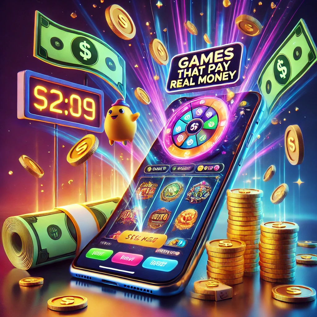 Mobile device with flying coins and cash, representing winning real money in games.