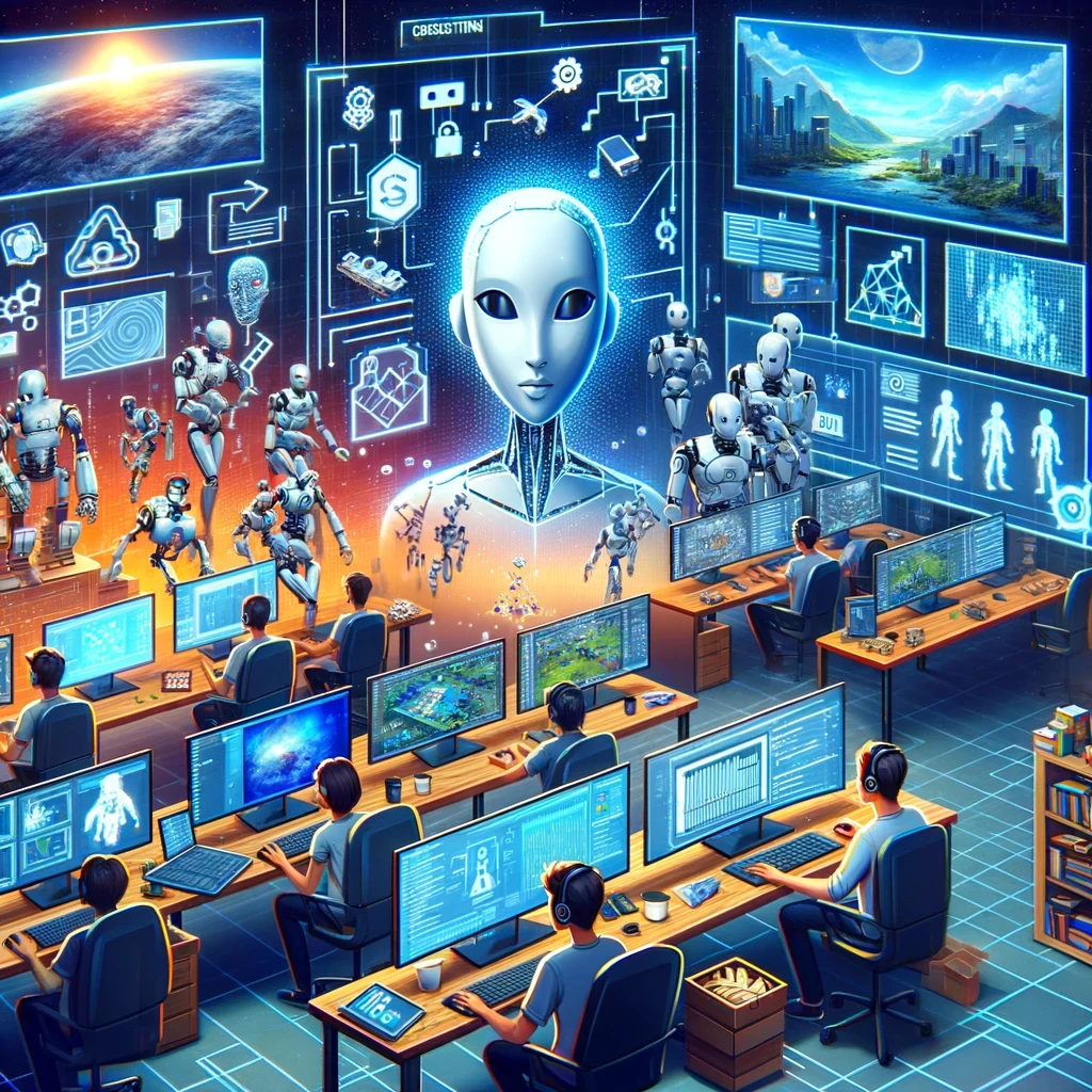 Large screens displaying robot blueprints, people at tables assembling robots in a bright workspace.