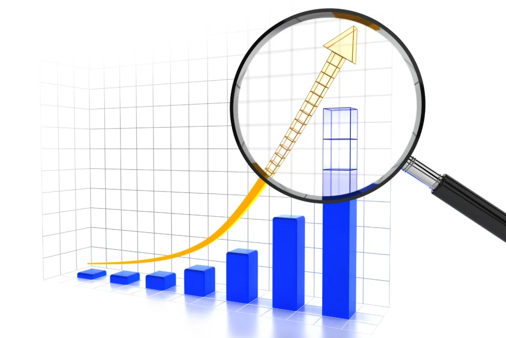 Graph with an arrow sharply rising, highlighted by a magnifying glass.