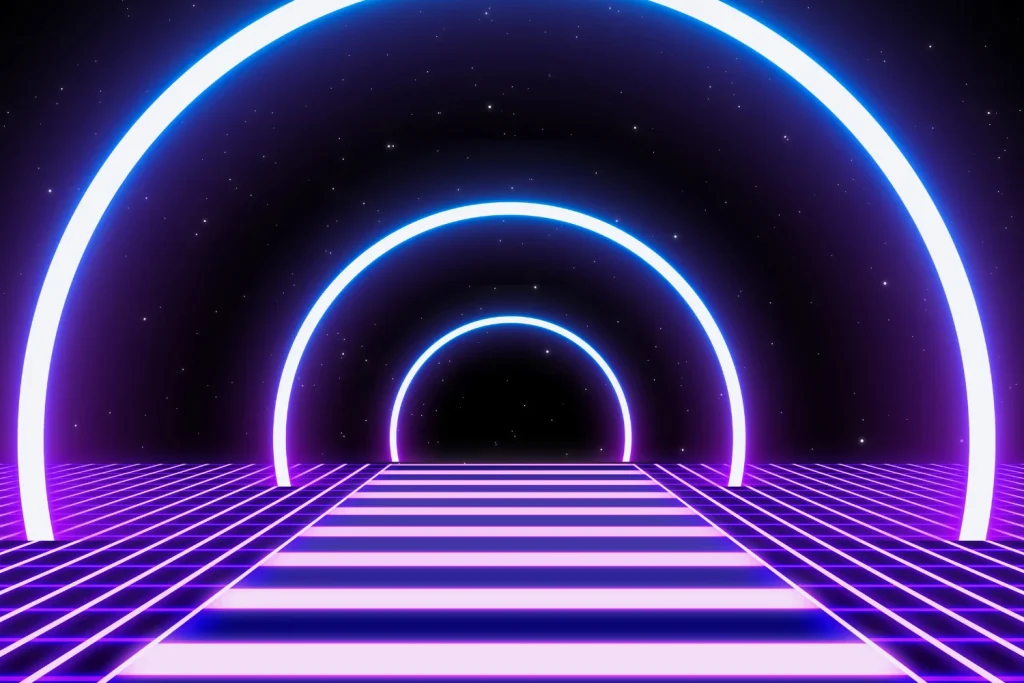 Perspective view of a striped pathway with diminishing semicircles overhead, creating a sense of depth and movement.