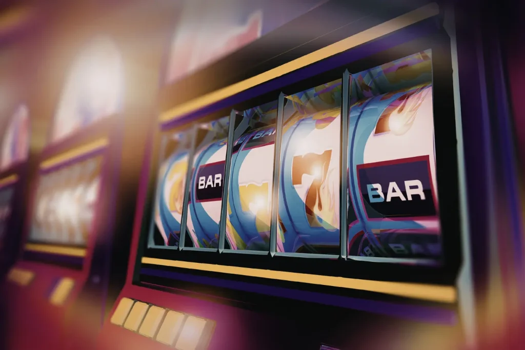 Close-up of a modern slot machine reel in an online casino environment