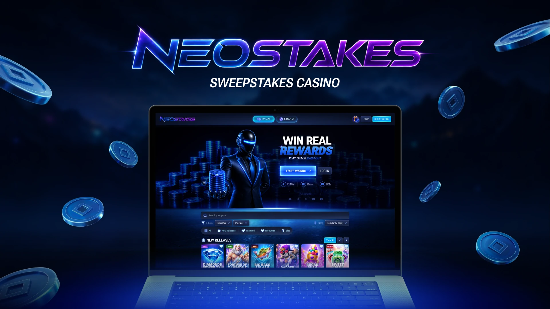 NeoStakes sweepstakes casino homepage featuring rewards system and player dashboard