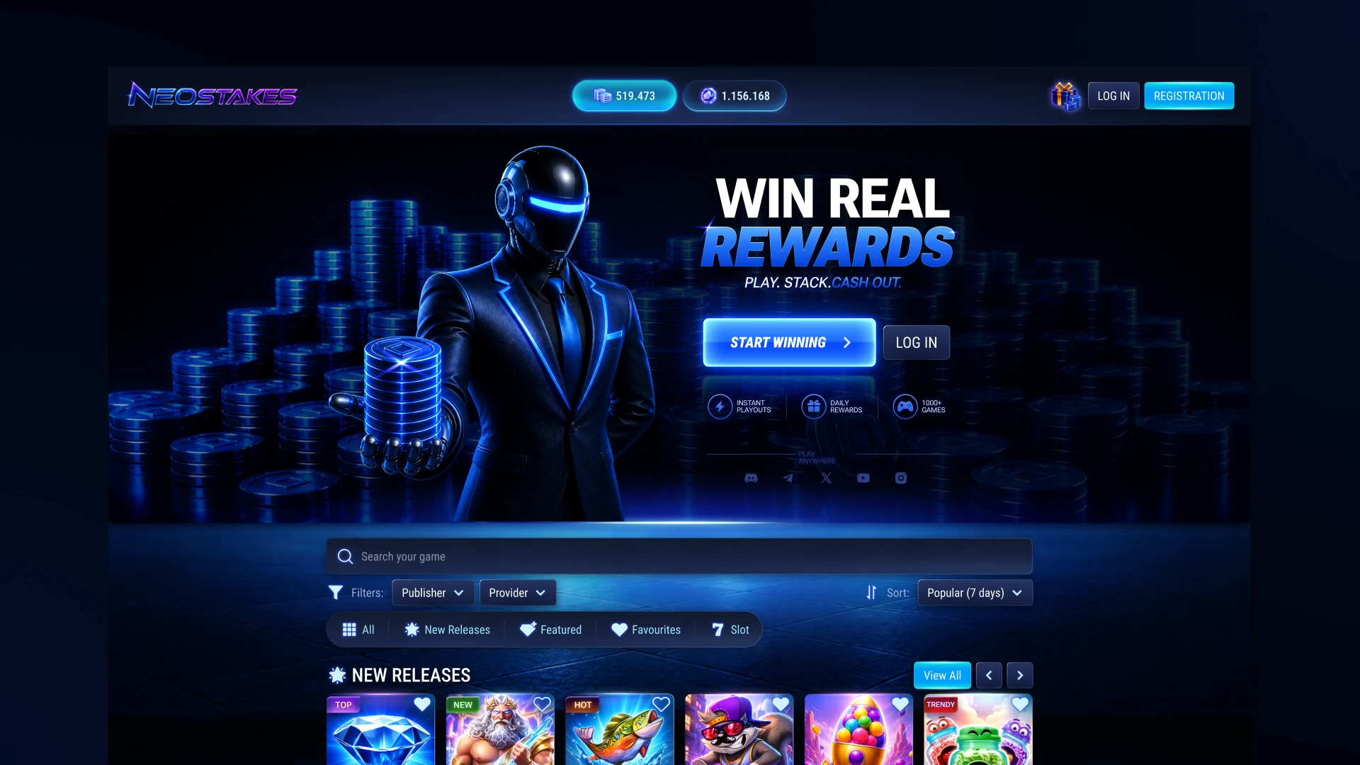 NeoStakes sweepstakes casino homepage featuring rewards banner and game library