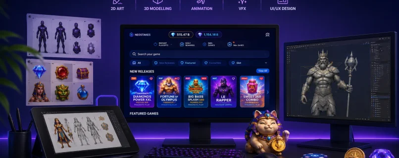 Game art outsourcing workflow for iGaming projects, including 2D art, 3D modeling, animation, VFX, and UI/UX design.