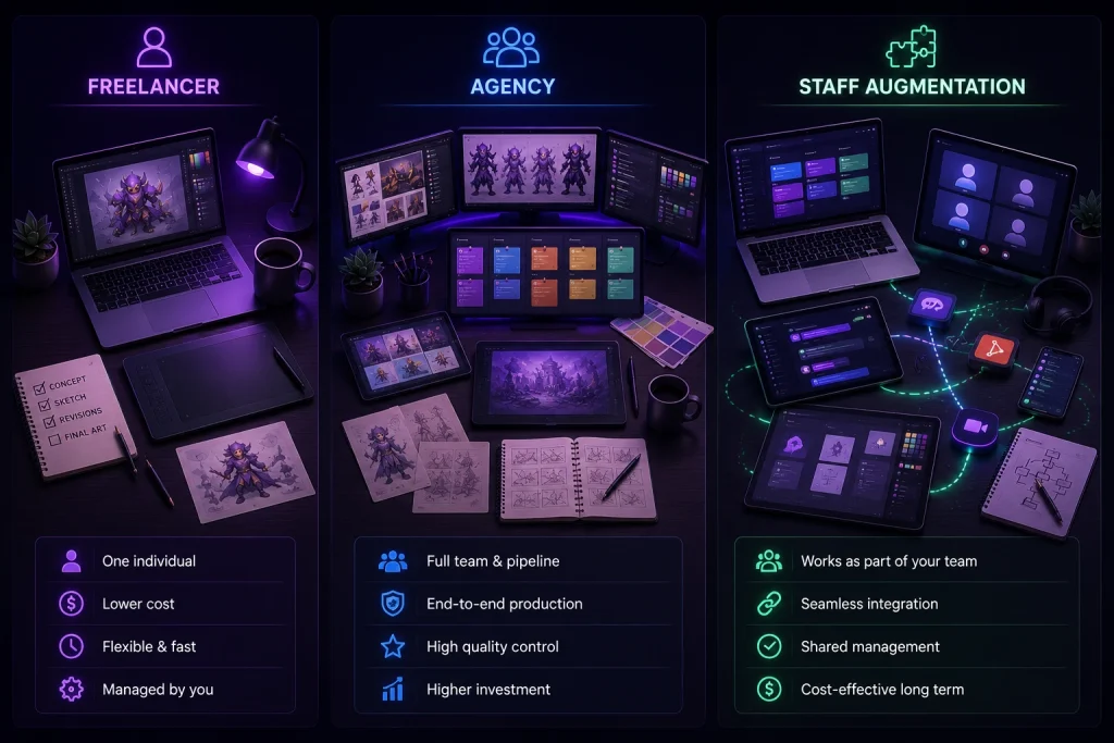 Comparison of freelancer, agency, and staff augmentation models for iGaming game art outsourcing