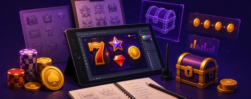 iGaming game art production workflow with 2D concepts, slot UI, and 3D assets