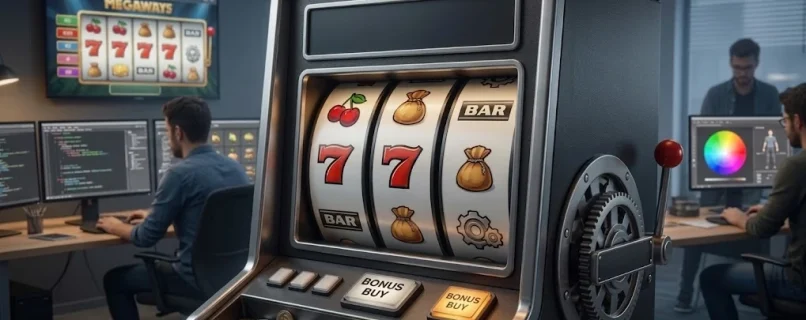 Slot math design dashboard with RTP, volatility analysis, and slot machine mechanics
