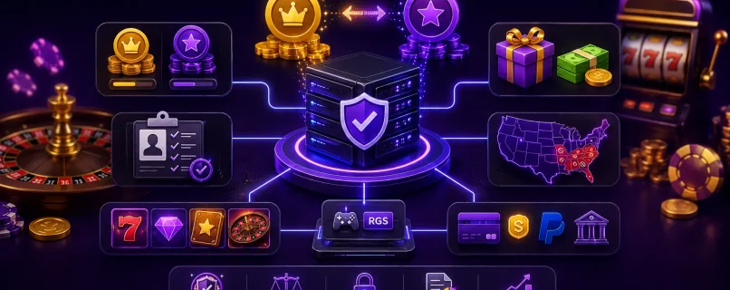 Sweepstakes casino software architecture with dual-currency system, compliance, RGS integration, and secure backend