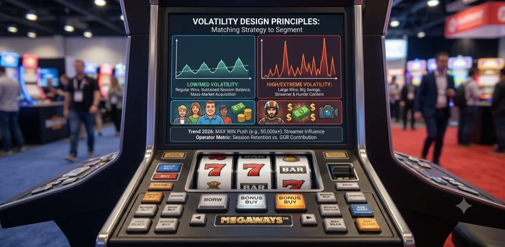 Volatility design principles for slot games with RTP and risk distribution charts