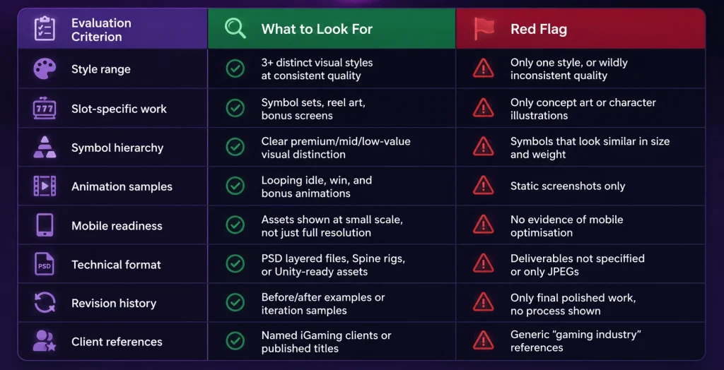 iGaming game art portfolio evaluation checklist comparing quality indicators and red flags